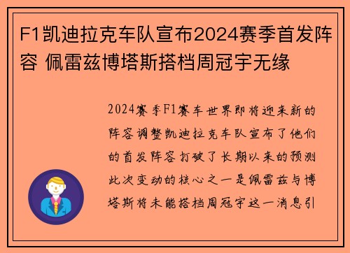 F1凯迪拉克车队宣布2024赛季首发阵容 佩雷兹博塔斯搭档周冠宇无缘